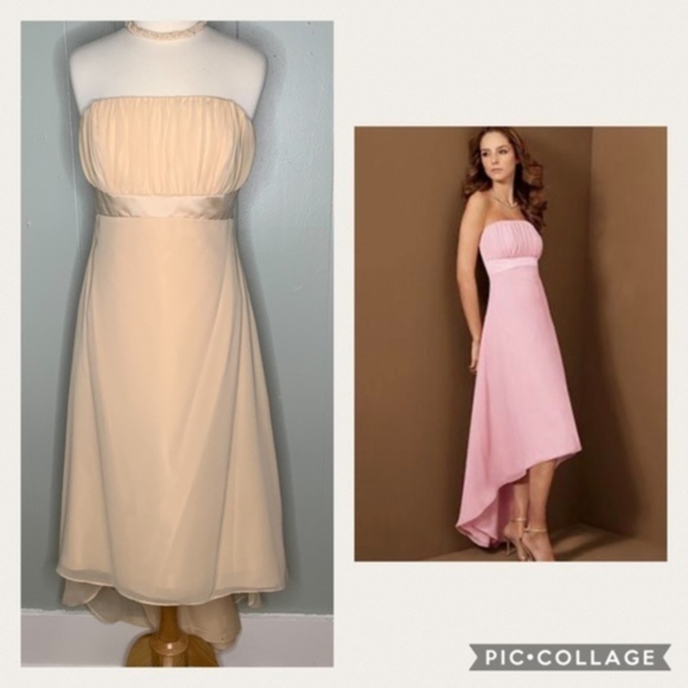 Alfred Angelo Champagne Chiffon Overlay Formal Prom Hi/Lo Strapless Dress M